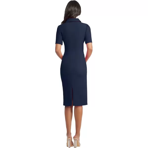 Dress the Population Womens Gloria Collared Zip Neck Short Sleeve Bodycon Midi DressMidnight Blue