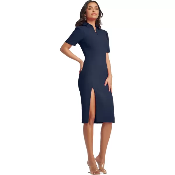 Dress the Population Womens Gloria Collared Zip Neck Short Sleeve Bodycon Midi DressMidnight Blue