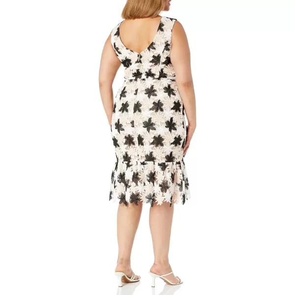 Dress the Population Womens INES Sleeveless Round Neck Bodycon Ruffle Hem Midi DressBlack Multi