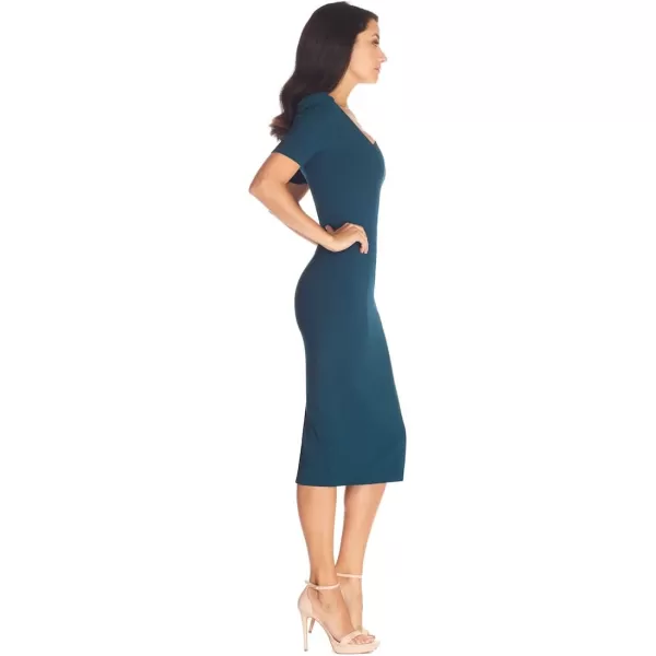 Dress the Population Womens Ruth Short Puff Sleeves Asymmetrical Neckline Bodycon Midi DressPine