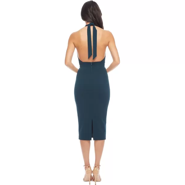 Dress the Population Womens Vanessa Deep Plunge Neckline Halter Bodycon Midi DressPine