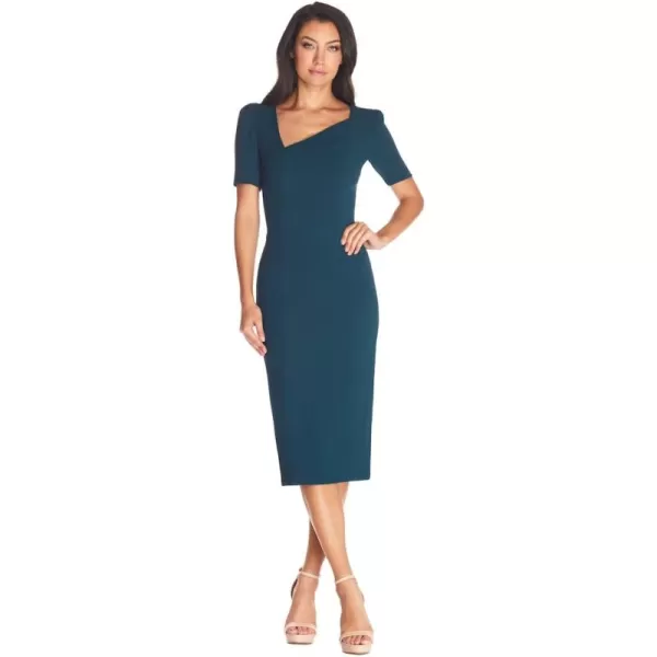 Dress the Population Womens Ruth Short Puff Sleeves Asymmetrical Neckline Bodycon Midi DressPine