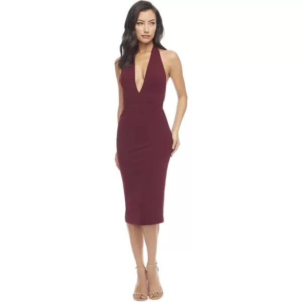 Dress the Population Womens Vanessa Deep Plunge Neckline Halter Bodycon Midi DressBurgundy