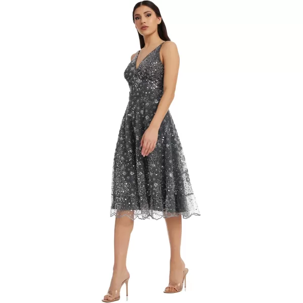imageDress the Population Womens Elisa Sleeveless Plunge Neckline Fit and Flare Midi DressSteel