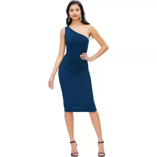 imageDress the Population Womens Martine Sleeveless Asymmetrical One Shoulder Side Pleat Bodycon Midi DressPeacock Blue
