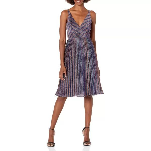 imageDRESS THE POPULATION Womens Haley Sleeveless Plunging Fit ampamp Flare Pleated Party DressMetallic Cobalt Multi