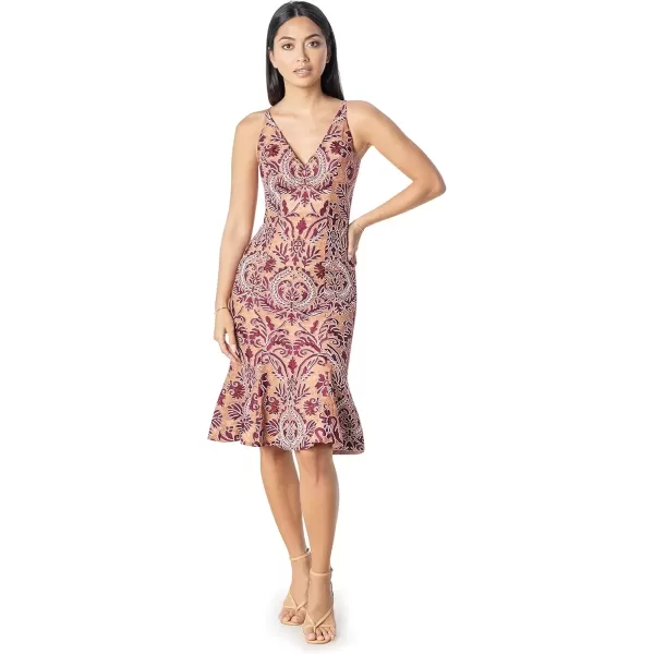 imageDress the Population Womens Isabelle VNeck Neckline Bodycon Silhouette with a Ruffled Hem Midi DressBurgundy Multi