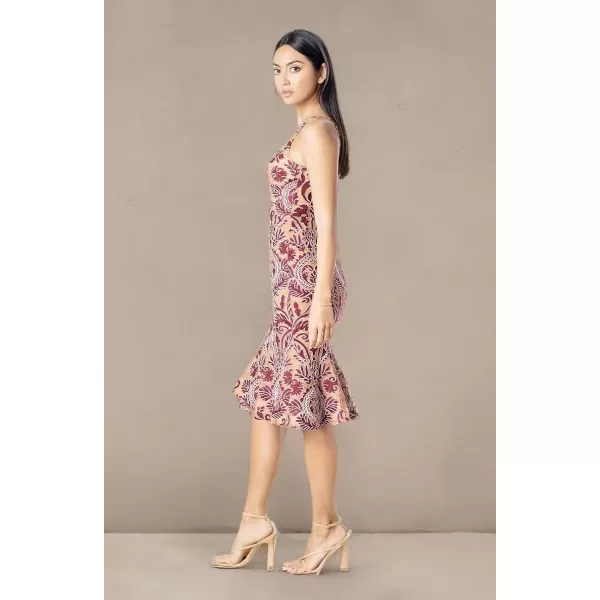 imageDress the Population Womens Isabelle VNeck Neckline Bodycon Silhouette with a Ruffled Hem Midi DressBurgundy Multi