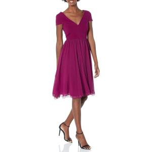 imageDress the Population Womens Corey Plunging Mix Media Cap Sleeve Aline Midi DressDark Magenta