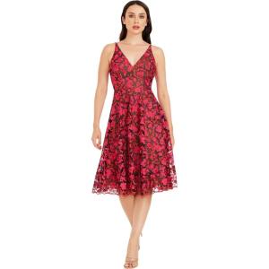 imageDress the Population Womens Elisa Sleeveless Plunge Neckline Fit and Flare Midi DressFuchsia Multi