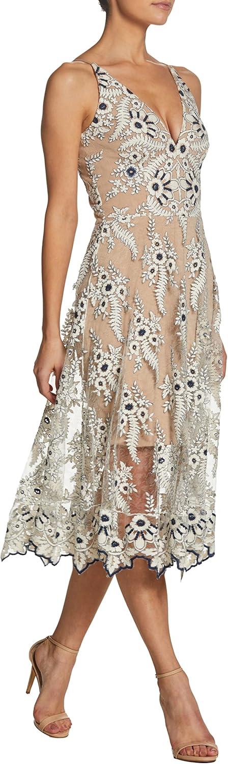 imageDress the Population Womens Audrey Midi Plunging DressIvoryNavy