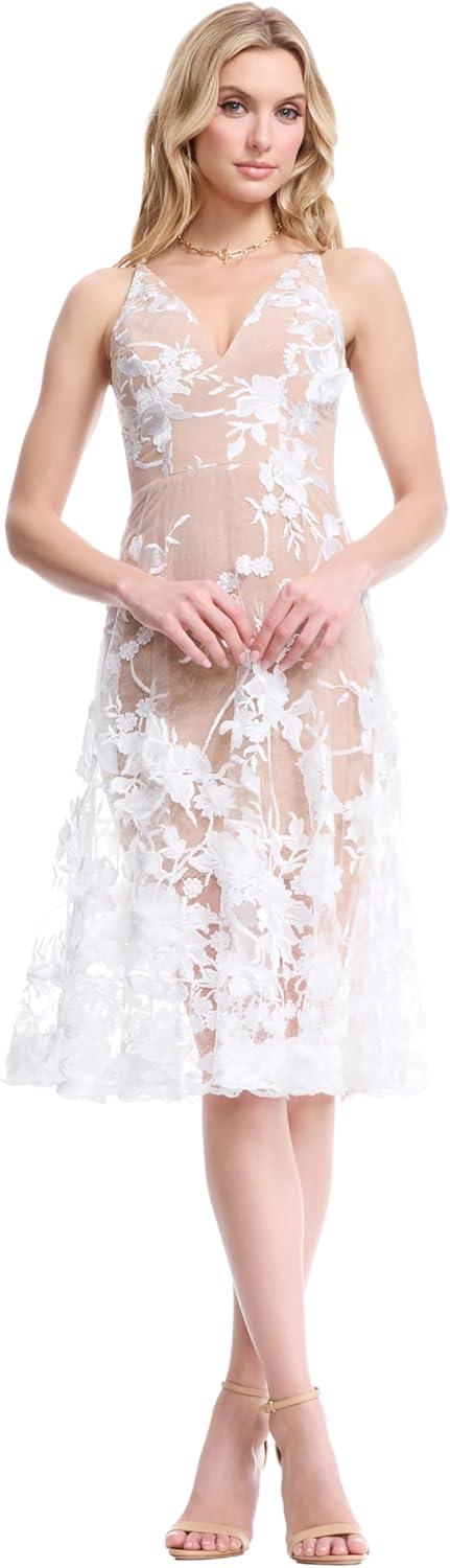 imageDress the Population Womens Audrey Midi Plunging DressOff WhiteNude