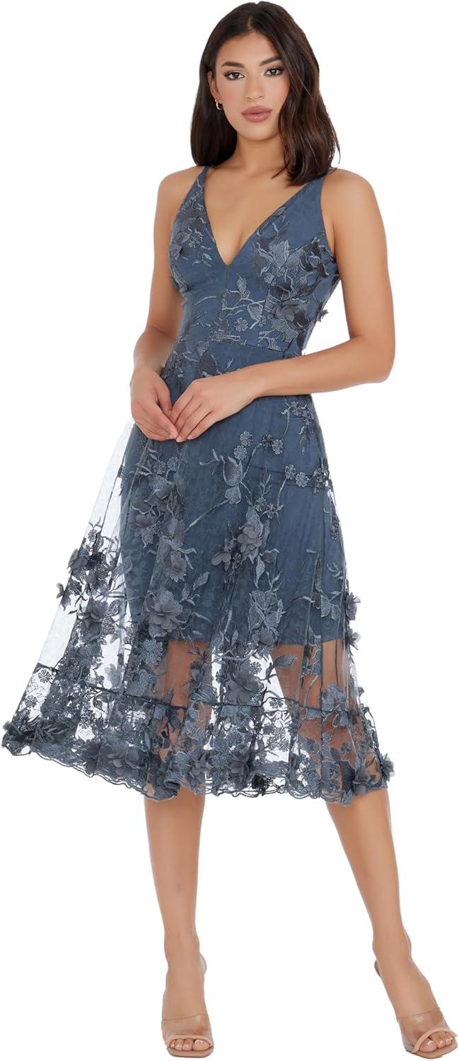 imageDress the Population Womens Audrey Midi Plunging DressSteel