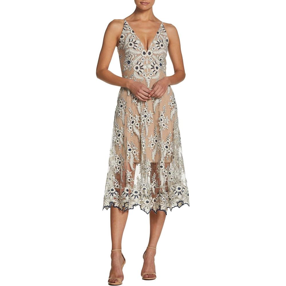 imageDress the Population Womens Audrey Midi Plunging DressIvoryNavy