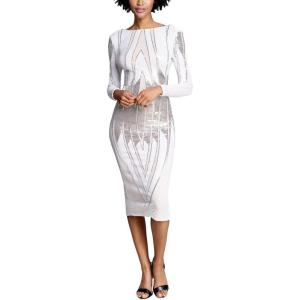 imageDress The Population Womens Emery Long Sleeve Stretch Sequin Midi SheathDressWhiteSilver