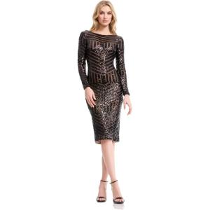 image:imageDress The Population Womens Emery Long Sleeve Stretch Sequin Midi Sheath Ddr147BlackNude