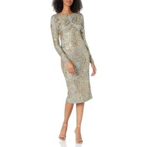 image:imageDress The Population Womens Emery Long Sleeve Stretch Sequin Midi Sheath Ddr147TealGold