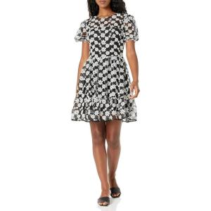 image:imageDress the Population Womens Lillianna Short Puff Sleeve Round Neck Illusion Bodice Fit and Flare Mini DressBlackwhite