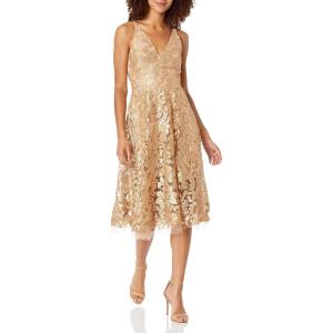 image:imageDress The Population Womens Blair Plunging Fit and Flare Midi DressGoldNude
