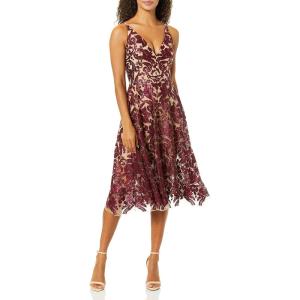 image:imageDress The Population Womens Claudia Plunging Long Sleeve Sequin Lace MiniBerryNude