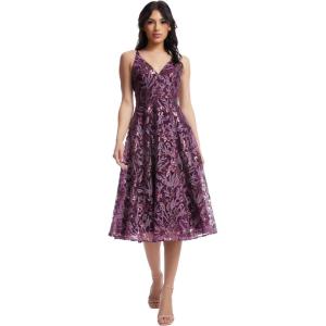 image:imageDress the Population Womens Elisa Floral Sequin Florals with Metallic Vines Midi Fit and Flare VNeck DressDeep Plum Multi