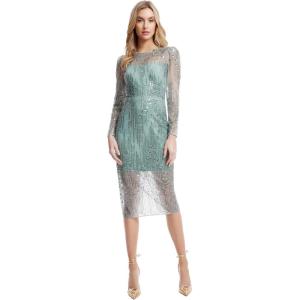 image:imageDress the Population Womens Sophia Diamond Waterfall Beaded Sequin Midi Bodycon Boat Neck Dress Sage Multi Medium