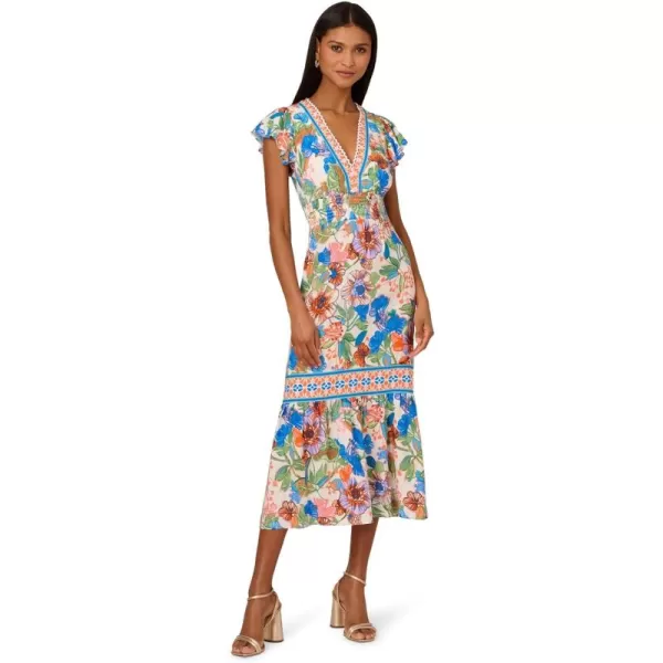 Adrianna Papell Womens Printed Midi DressBlueGreen Multi