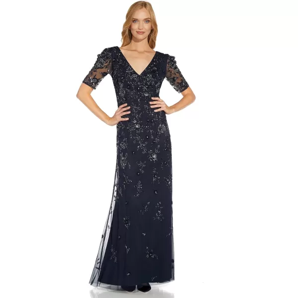 Adrianna Papell Womens Beaded Surplice GownMidnight