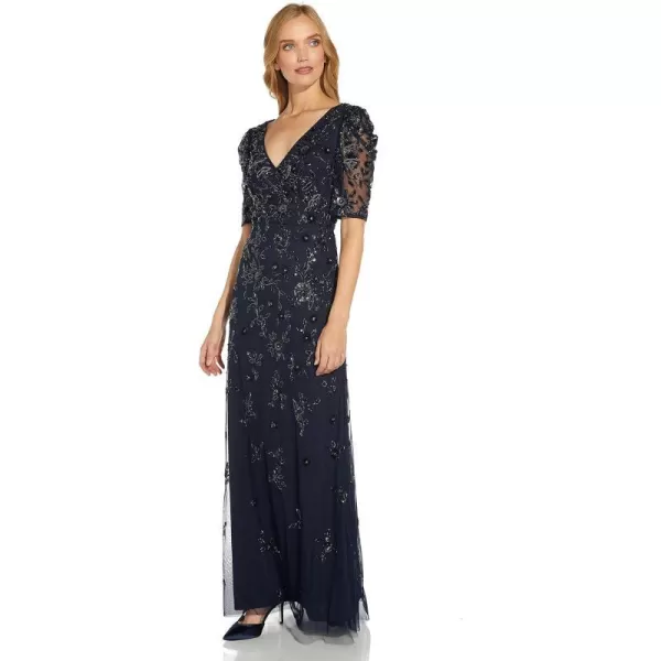 Adrianna Papell Womens Beaded Surplice GownMidnight