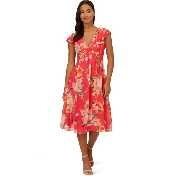 Adrianna Papell Womens Printed Front Twist Midi DressCoral Multi