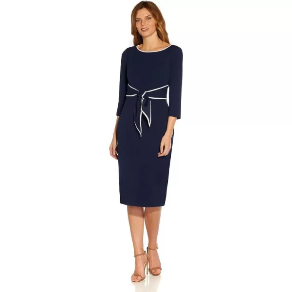 Adrianna Papell Womens Tipped Crepe Tie DressNavy SateenIvory