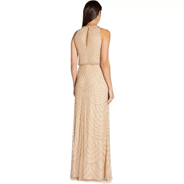 Adrianna Papell Womens Art Deco Beaded Blouson Dress with Halter NecklineChampagneGold