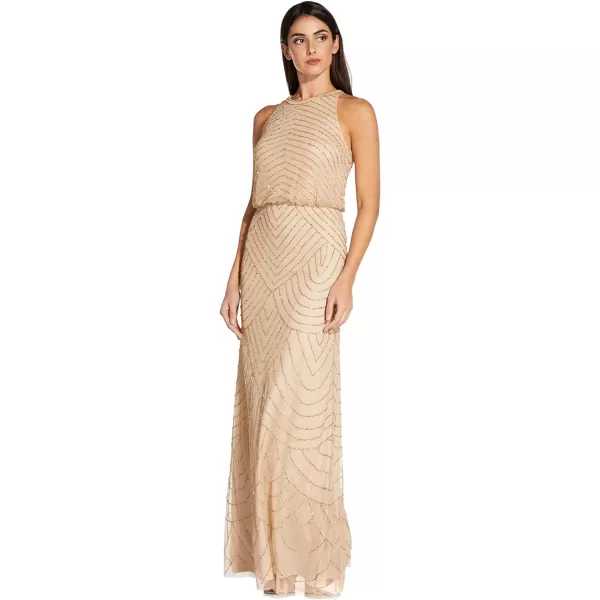 Adrianna Papell Womens Art Deco Beaded Blouson Dress with Halter NecklineChampagneGold