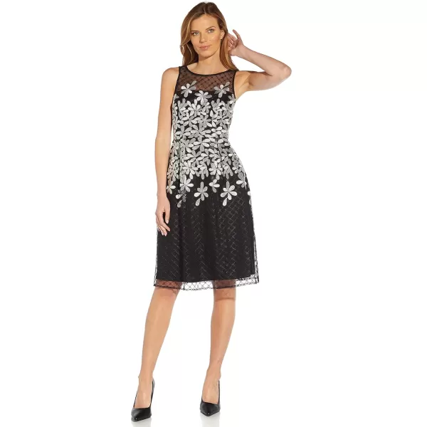 Adrianna Papell Womens Embroidered Fit and FlareBlackIvory