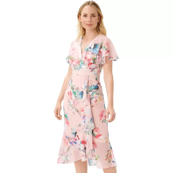 Adrianna Papell Womens Floral Faux Wrap Ruffle DressRose Multi