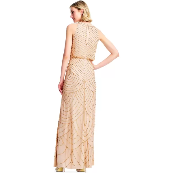 Adrianna Papell Womens Halter Art Deco Beaded Blouson DressChampagneGold