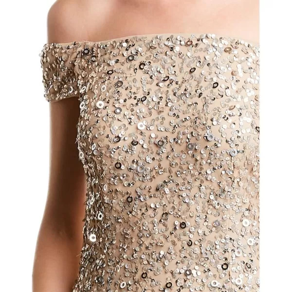 Adrianna Papell Womens Off The Shoulder Sequin Beaded GownChampagne