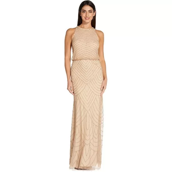 Adrianna Papell Womens Art Deco Beaded Blouson Dress with Halter NecklineChampagneGold