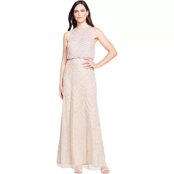 Adrianna Papell Womens Art Deco Beaded Blouson Dress with Halter NecklineSilverNude