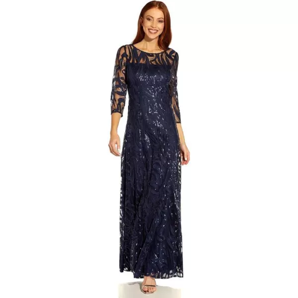 Adrianna Papell Womens Embroidered a Line GownNavy