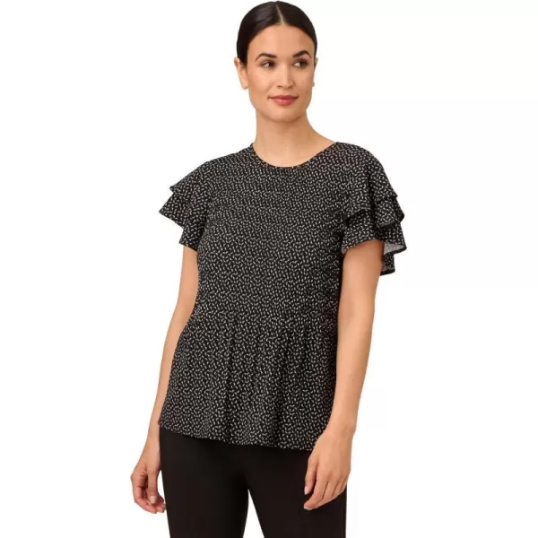 Adrianna Papell Womens Pleated Knit Double Sleeve TopBlack Blowing Leaf