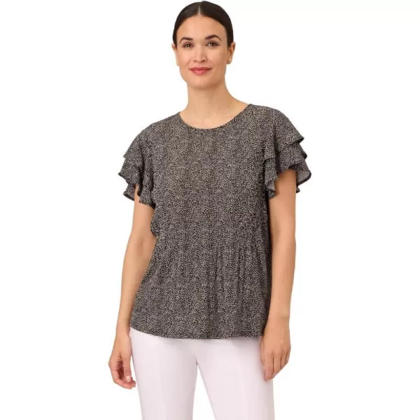 Adrianna Papell Womens Pleated Knit Double Sleeve TopBlack Painted Dots