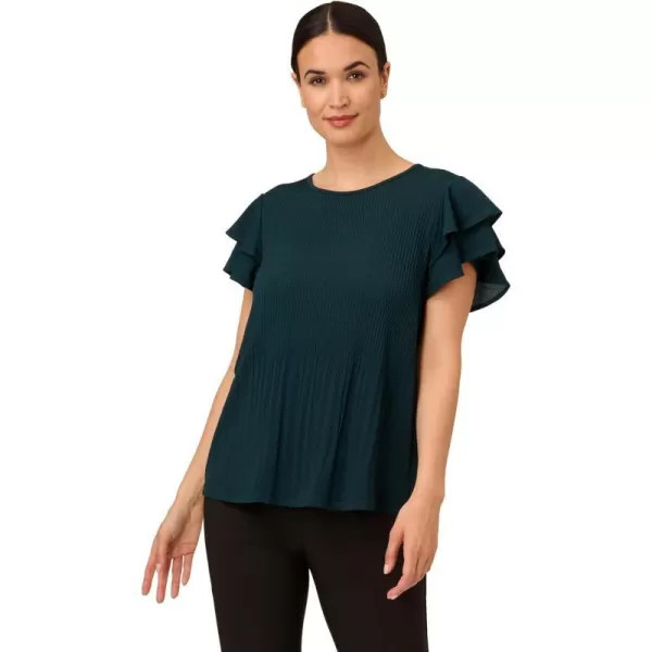 Adrianna Papell Womens Pleated Knit Double Sleeve TopDark EvergreenBlack Seed Dot