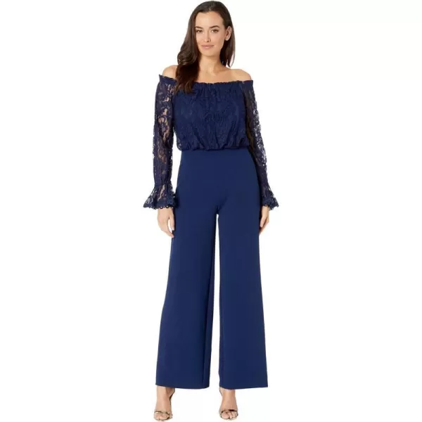 Adrianna Papell womens Off Shoulder Lace TopCrepe Pant JumpsuitNavy Sateen