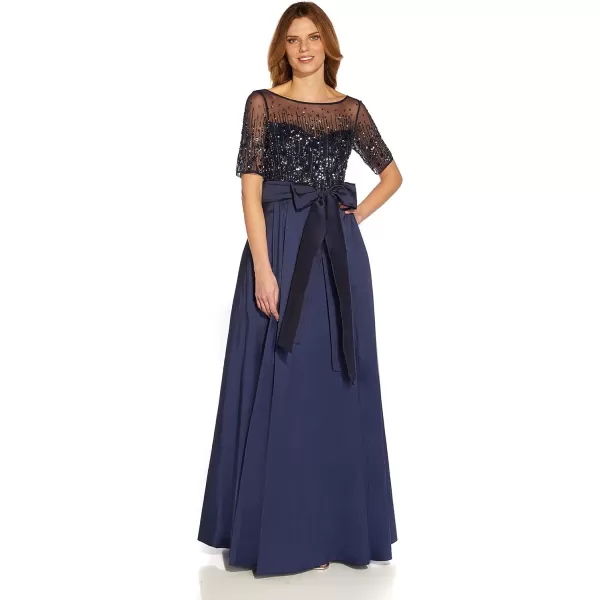 Adrianna Papell Womens Beaded Mesh and Taffeta GownNavy