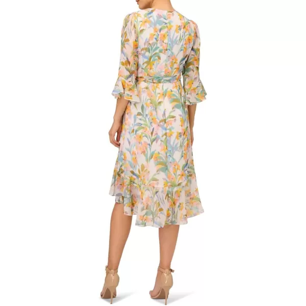 Adrianna Papell Womens Floral Faux Wrap Dress with Three Quarter SleevesIvory Multi