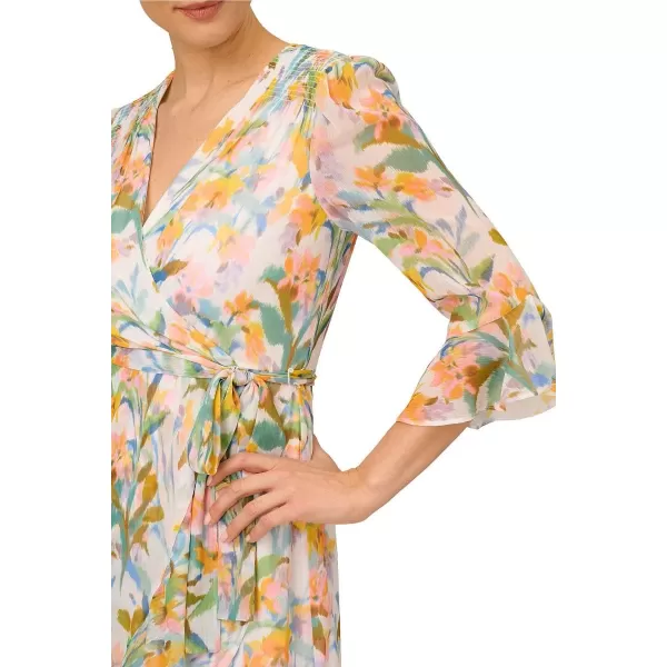 Adrianna Papell Womens Floral Faux Wrap Dress with Three Quarter SleevesIvory Multi