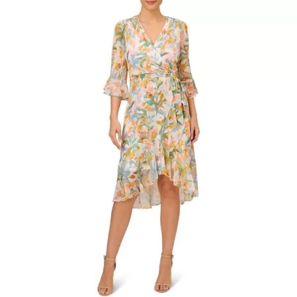 Adrianna Papell Womens Floral Faux Wrap Dress with Three Quarter SleevesIvory Multi