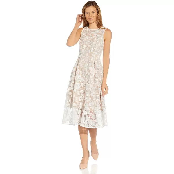 Adrianna Papell Womens Embroidered Tea Length DressIvoryBisque