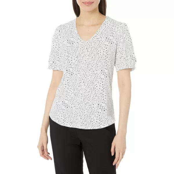 Adrianna Papell Womens VNeck Short Puff Sleeve TopIvoryBlack Scatter Dot